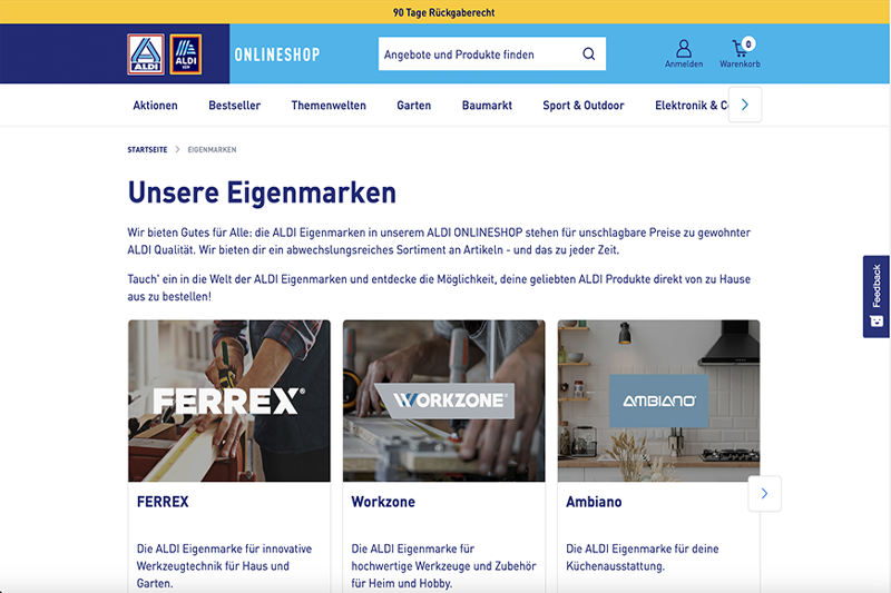 Startseite des Aldi Onlineshops